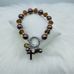 Brown Cross Charm Fashion Beaded Bracelet